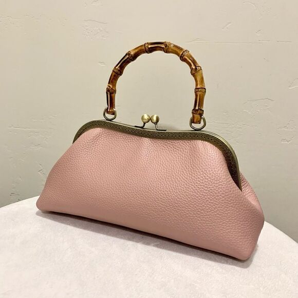 Handsewn Genuine Premium Pebble Leather Real Bamboo Handle Bag/Crossbody - Picture 1 of 14